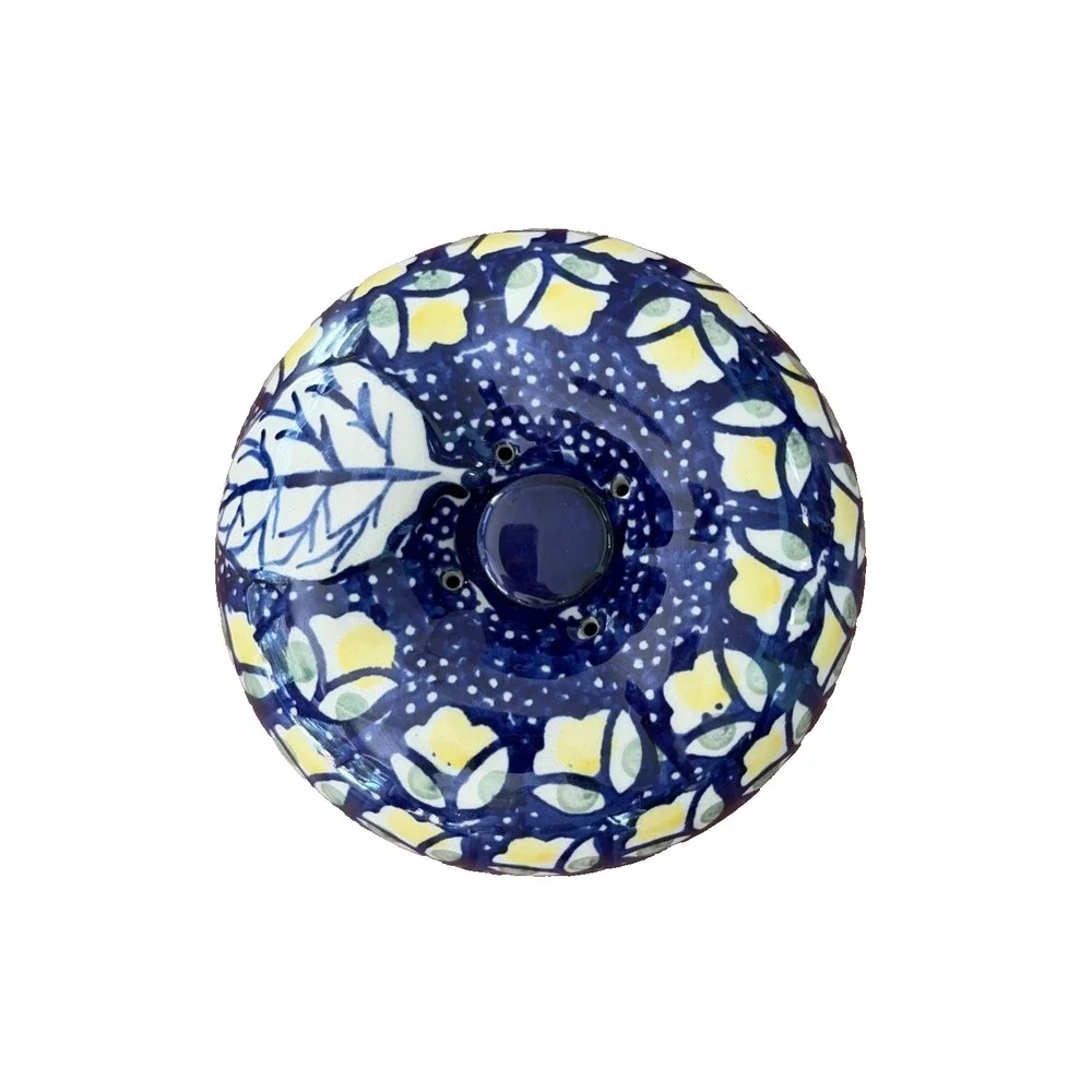Boleslawiec Polish Pottery Art Apple Baker Dish w Lid Blue Yellow Poland